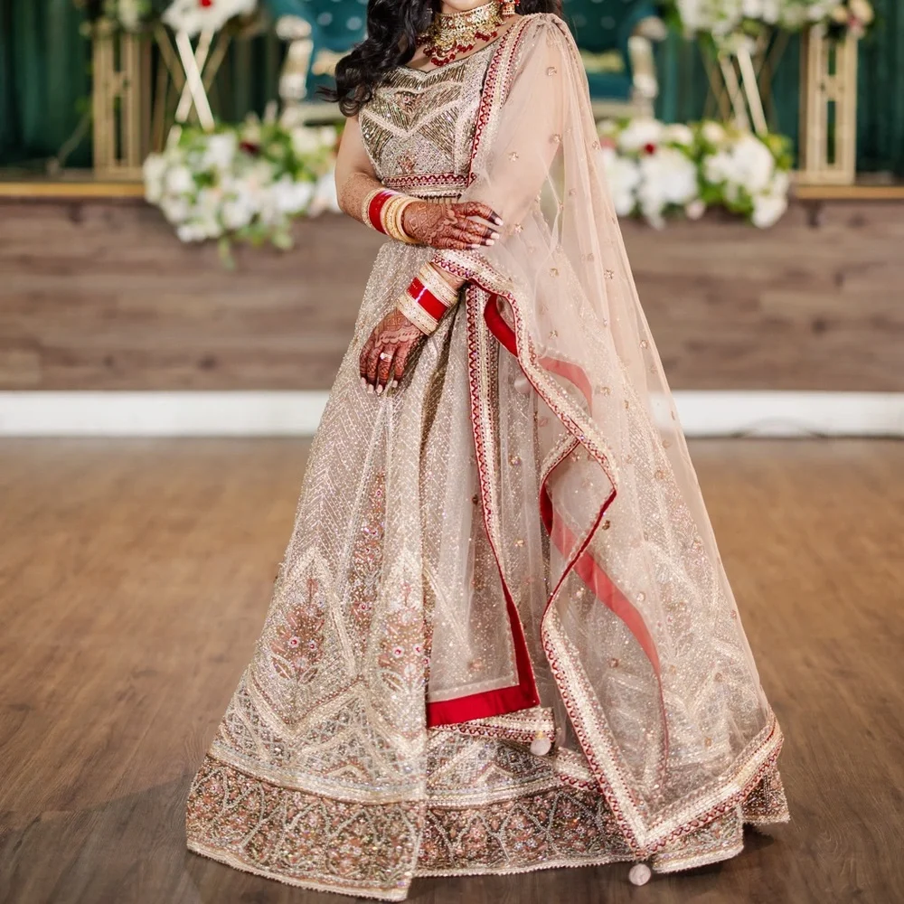 Champagne Bridal Lehenga with Red Border Indian Festive Wear, Heavy Embroidery | Color: Cream | Size: 6 | Nykiway's Closet